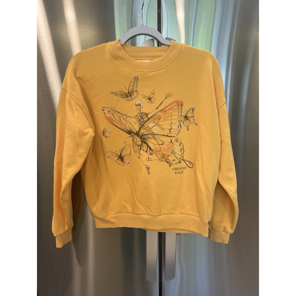 American Eagle Sweatshirt Womens Small Yellow Butterfly Skeleton